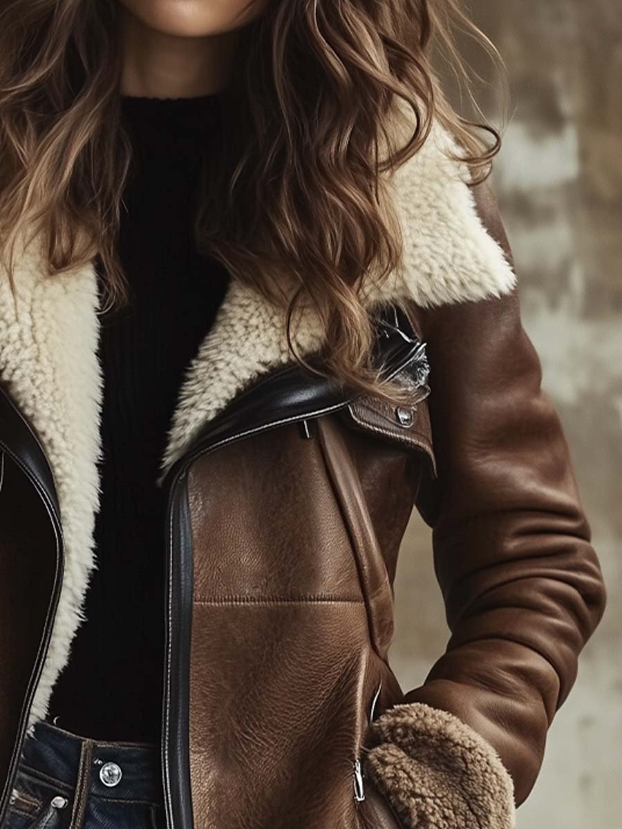 Vivian | Vintage Contrast Lambskin Collar Leather Coat