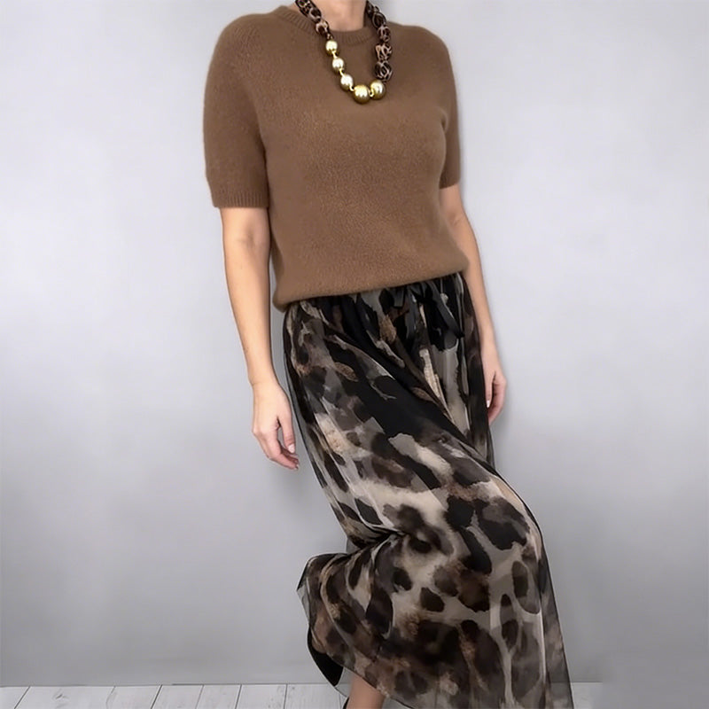 Isabella | Women's Two-Piece Sweater & Leopard Flowy Skirt Set