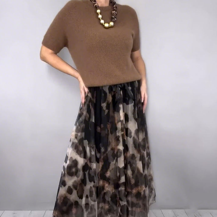 Isabella | Women's Two-Piece Sweater & Leopard Flowy Skirt Set