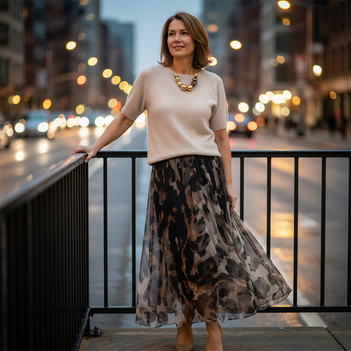 Isabella | Women's Two-Piece Sweater & Leopard Flowy Skirt Set