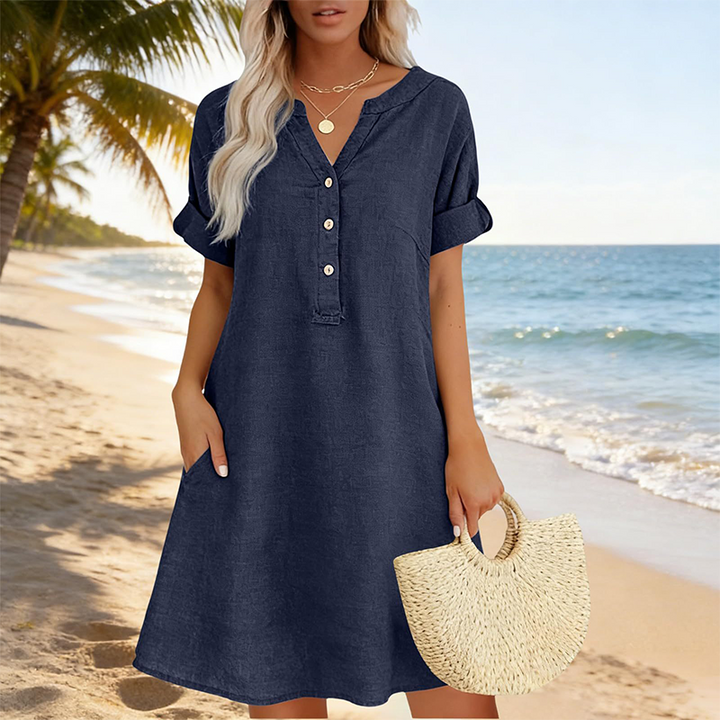 👗 Lässiges Tunika-Kleid für Damen mit V-Ausschnitt und Taschen – bequem, vielseitig & perfekt für jeden Tag